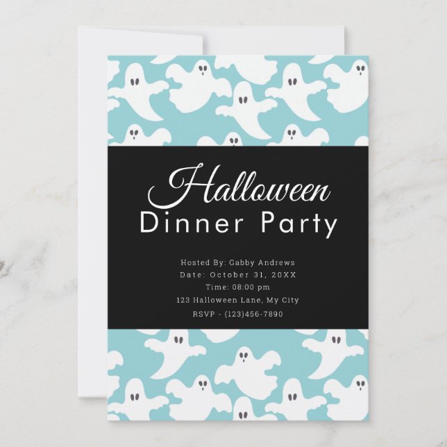 Cute Ghosts Pastel Green Halloween Dinner Party Invitation (Front)