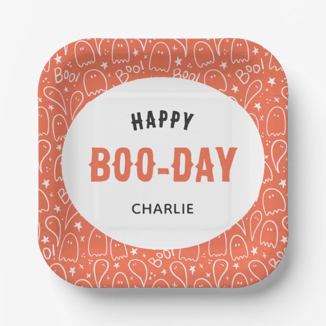 Cute Ghosts Pattern Happy 'Boo-Day' Personalized Paper Plates (Front)