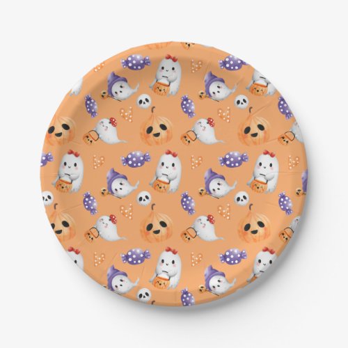 Cute Ghosts Pattern Orange Halloween Baby Shower  Paper Plates