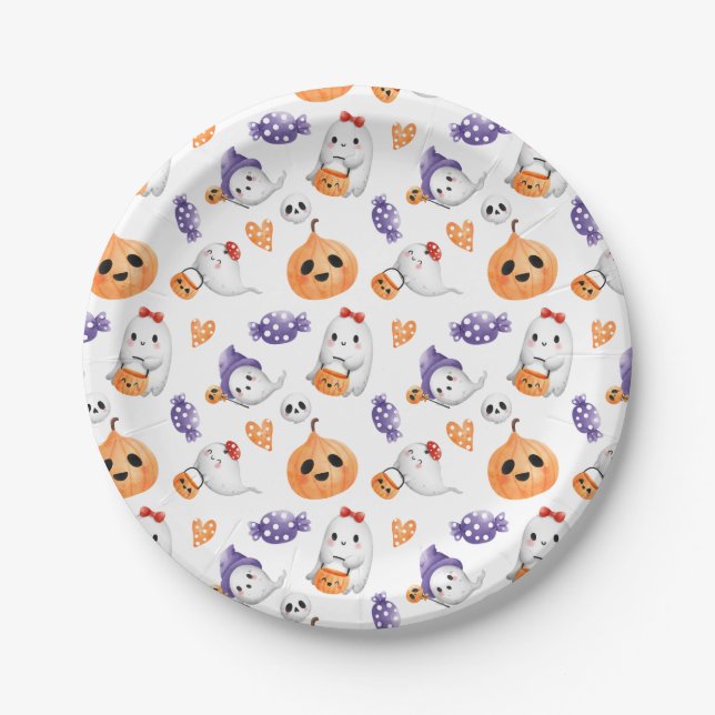 Cute Ghosts Pumpkin Pattern Halloween Baby Shower  Paper Plates (Front)
