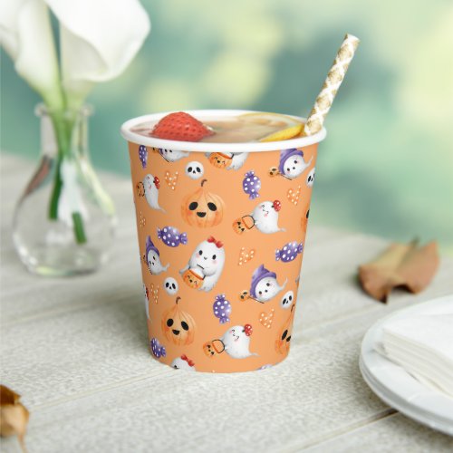 Cute Ghosts Pumpkin Pattern Orange Halloween Party Paper Cups