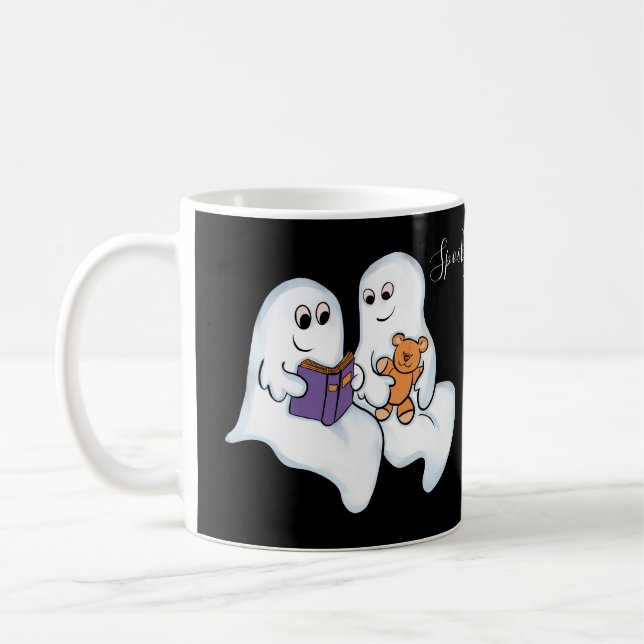 Cute ghosts reading together at Halloween Coffee Mug (Left)