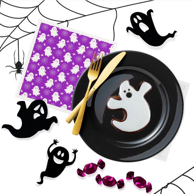 Cute Ghosts | Spiders | Spider Webs Halloween Napkins (Cute Ghosts, Spiders and Spider Webs Halloween Purple and White Patterned Napkins)