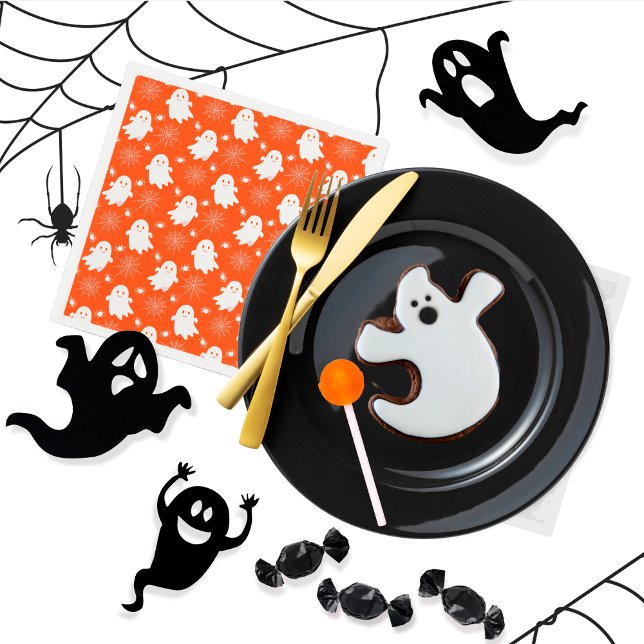 Cute Ghosts | Spiders | Spider Webs Halloween Napkins (Cute Ghosts, Spiders and Spider Webs Halloween Orange and White Patterned Napkins)