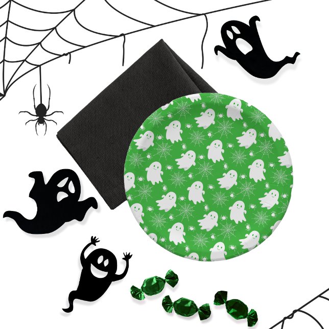 Cute Ghosts | Spiders | Spider Webs Halloween Paper Plates (Cute Ghosts, Spiders and Spider Webs Halloween Green and White Patterned Paper Plates)