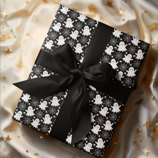 Cute Ghosts | Spiders | Spider Webs Halloween Wrapping Paper (Cute Ghosts, Spiders and Spider Webs Halloween Black and White Patterned Wrapping Paper)