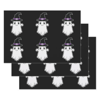 Cute Ghosts Wearing A Witch Hats Halloween Pattern Wrapping Paper Sheets