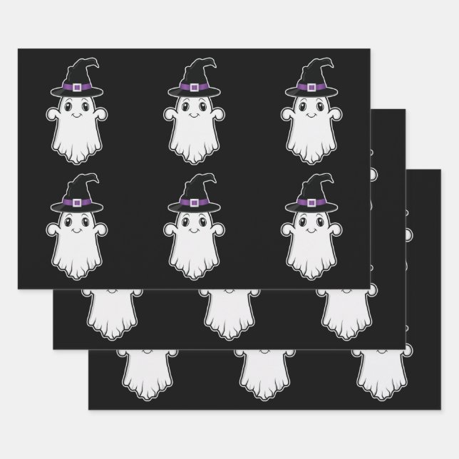 Cute Ghosts Wearing A Witch Hats Halloween Pattern Wrapping Paper Sheets (Set)