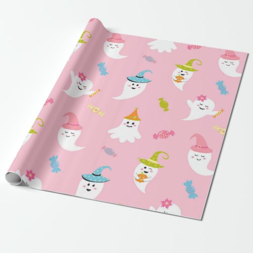 Cute Ghosts With Candies and Pumpkins Wrapping Paper