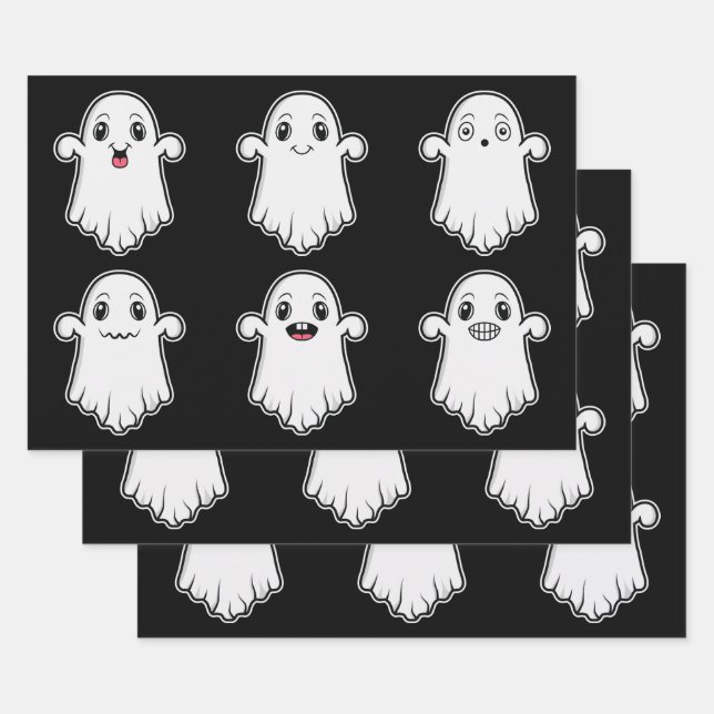 Cute Ghosts With Different Expressions Halloween Wrapping Paper Sheets (Set)