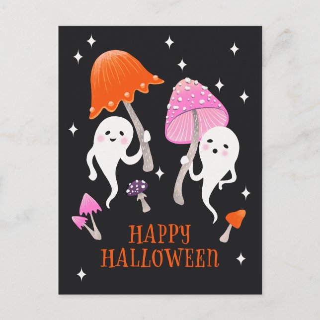 Cute Ghosts with Mushrooms Happy Halloween Holiday Postcard (Front)