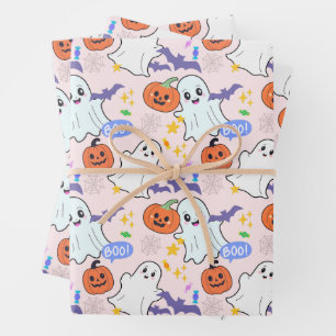 Cute Ghosts with Pumpkins Halloween Wrapping Paper Sheets