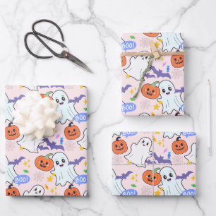 Cute Ghosts with Pumpkins Halloween Wrapping Paper Sheets