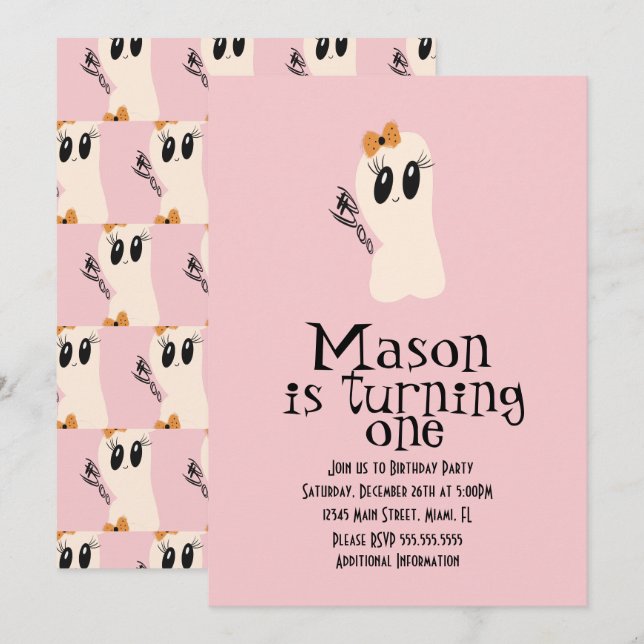 Cute Ghoul Doodle Halloween Any Age Birthday Pink  Invitation (Front/Back)
