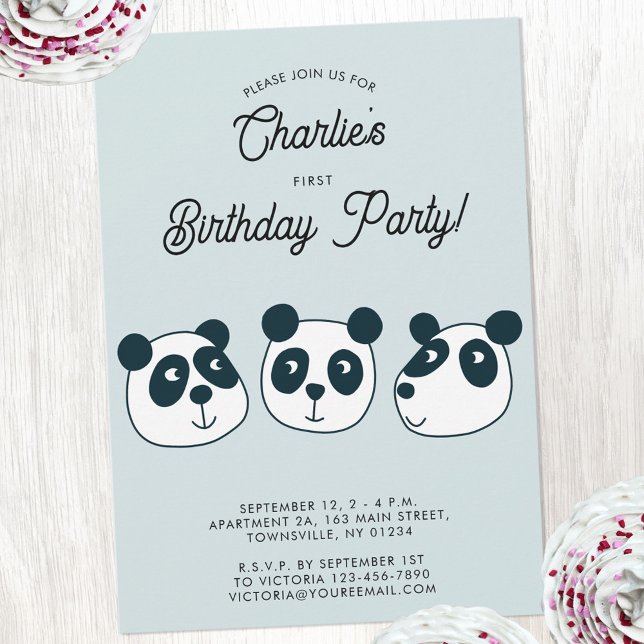 Cute Giant Panda Bear First Birthday Party Invitation (Cute panda bear themed personalize first birthday party invitation)