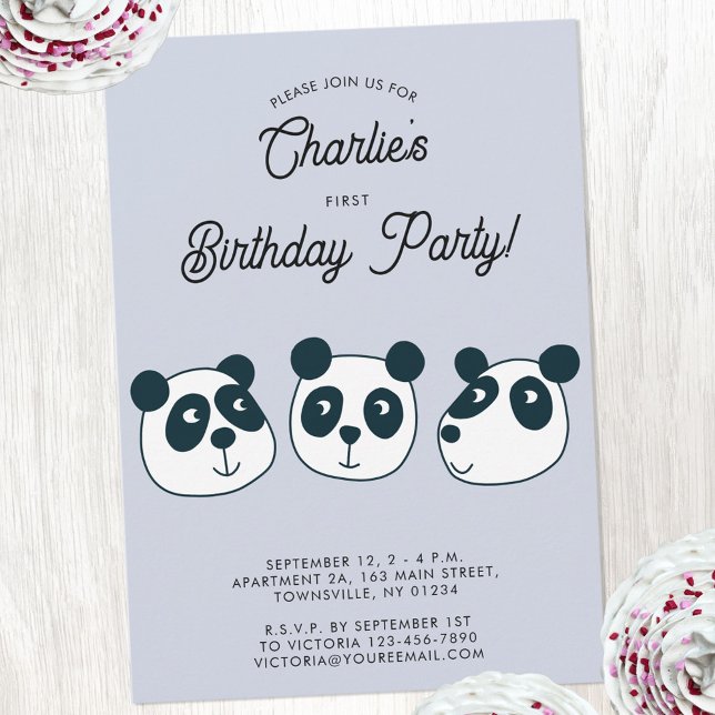 Cute Giant Panda Bear First Birthday Party Invitation (Cute panda bear themed first birthday party invitation.)