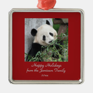 Cute Giant Panda Christmas Red Square Holiday Metal Ornament