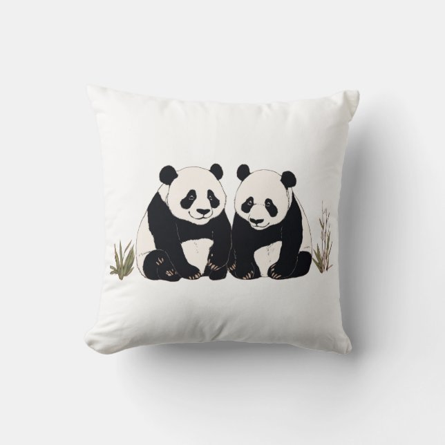 Cute Giant Pandas Sitting Together Throw Pillow (Front)