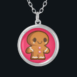 Cute Gingberbread Man Silver Plated Necklace<br><div class="desc">A cute illustration of a brown gingerbread man cookie. Soft pink buttons and squiggly frosting accents on his arms and legs. A festive and fun theme for the christmas holiday season.</div>