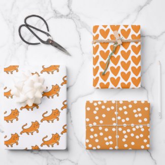Cute Ginger Cat Cartoon & Orange Polkadots Kids  Wrapping Paper Sheets