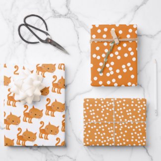 Cute Ginger Cat Cartoon & Orange Polkadots Kids Wrapping Paper Sheets