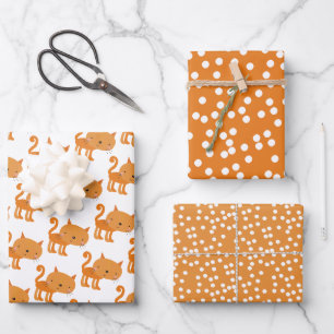 Cute Ginger Cat Cartoon & Orange Polkadots Kids Wrapping Paper Sheets