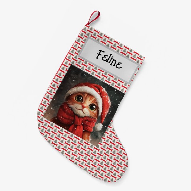 Cute Ginger Cat, Christmas, Customized With Name,  Small Christmas Stocking (Front (Hanging))