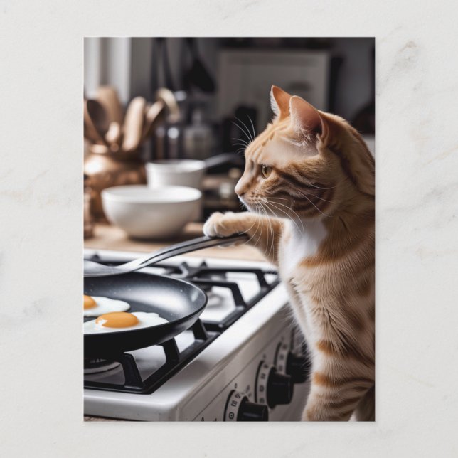 Cute Ginger Cat Cooking Eggs For Breakfast Postcard (Front)