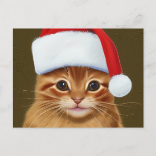 Cute Ginger Cat Face with Santa Hat on Holiday Postcard