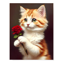 Cute Ginger Cat Holding a Red Rose. Oil Painting.