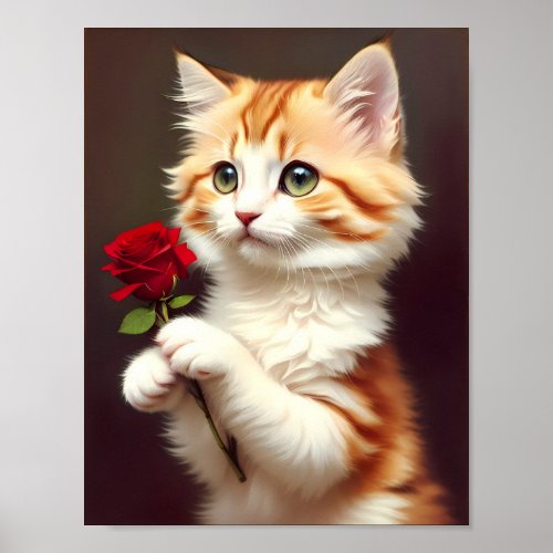 Cute Ginger Cat Holding a Red Rose Oil Painting Poster
