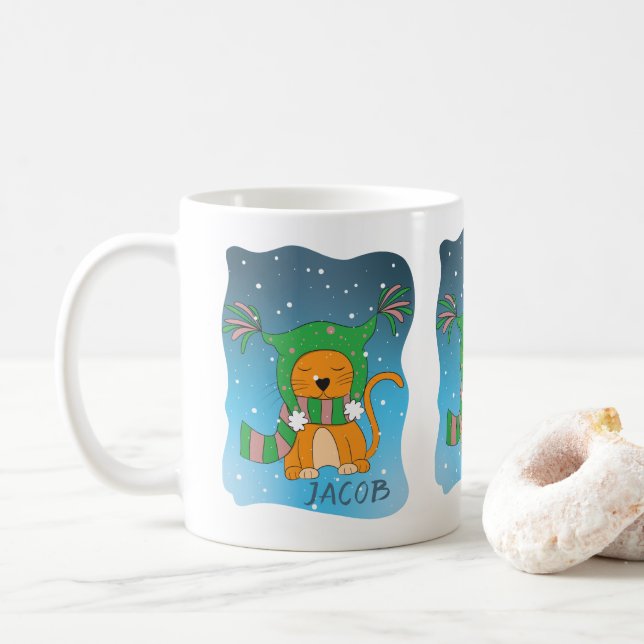 Cute Ginger Cat in Snow Personalized Mug (With Donut)