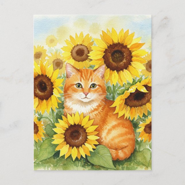 Cute Ginger Cat in Sunflowers Postcard (Front)