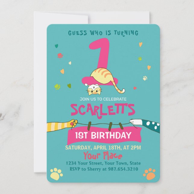 Cute Ginger Cat Kids 1st Birthday Party Invitation (Front)