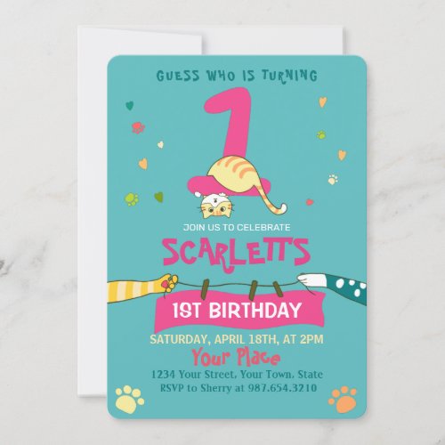 Cute Ginger Cat Kids 1st Birthday Party Invitation