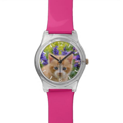 Cute Ginger Cat Kitten Flowery Garden - dial-plate Watch