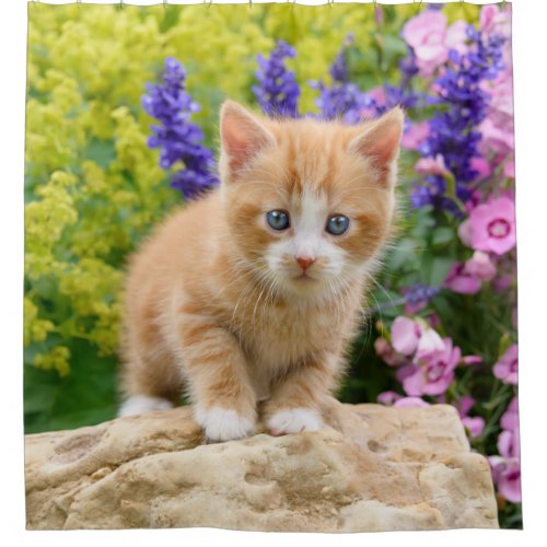 Cute Ginger Cat Kitten Flowery Garden Portrait Tub Shower Curtain