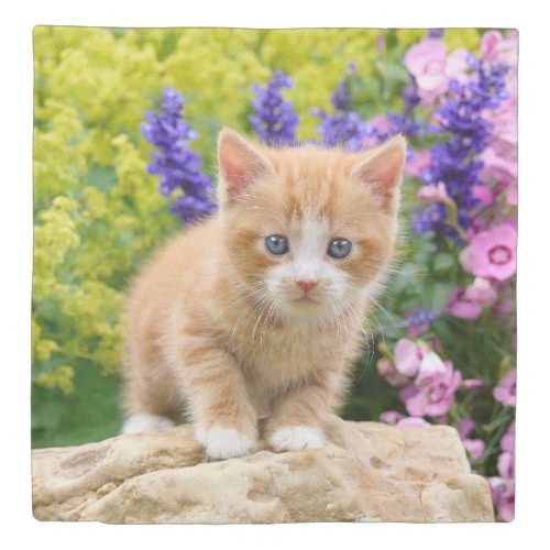 Cute Ginger Cat Kitten in Flowery Garden Pet Photo Duvet Cover