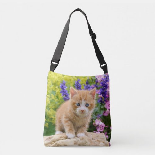 Cute Ginger Cat Kitten in Flowery Garden  Photo on Crossbody Bag