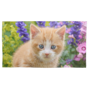 Cute Ginger Cat Kitten in Flowery Garden Photo _ Pillowcase