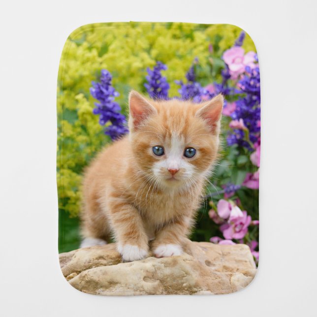Cute Ginger Cat Kitten in Flowery Garden Portrait Baby Burp Cloth (Front)