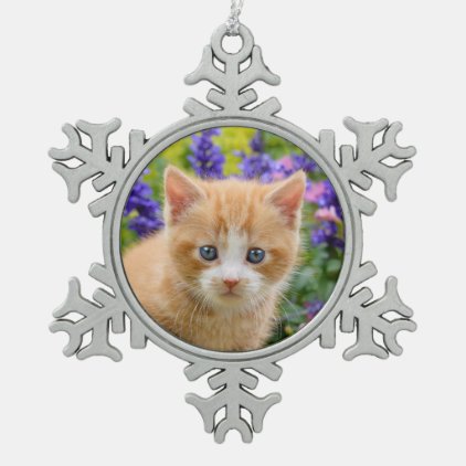 Cute Ginger Cat Kitten in Flowery Garden Portrait Snowflake Pewter Christmas Ornament