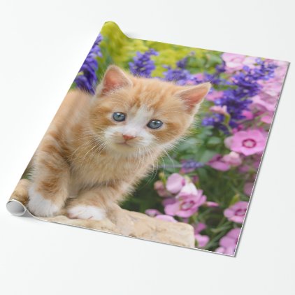 Cute Ginger Cat Kitten in Flowery Garden Portrait Wrapping Paper