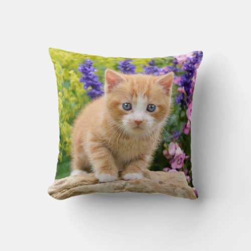 Cute Ginger Cat Kitten in Flowery Garden _ Throw Pillow