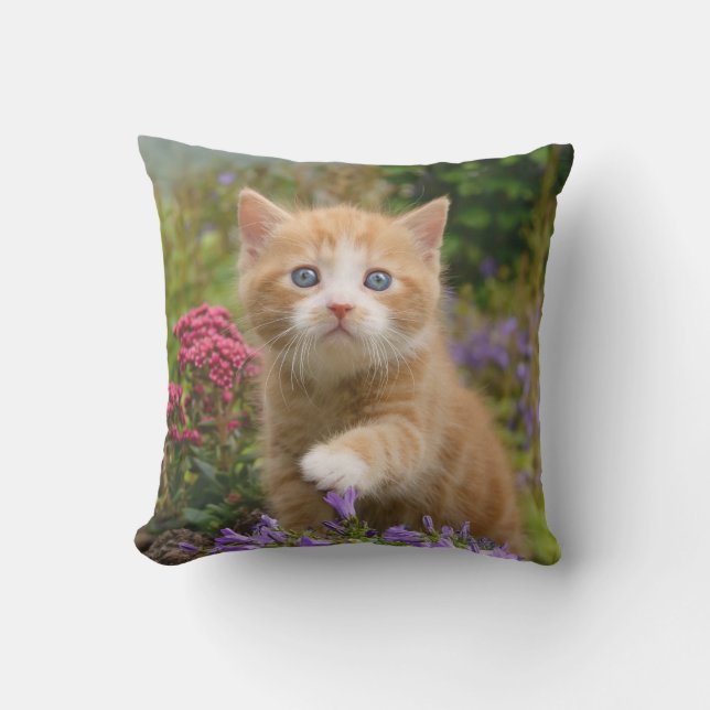 Cute Ginger Cat Kitten in Garden Photo - Throw Pillow (Front)