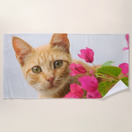 Cute Ginger Cat Kitten Watching Eyes Head Photo ,, Beach Towel