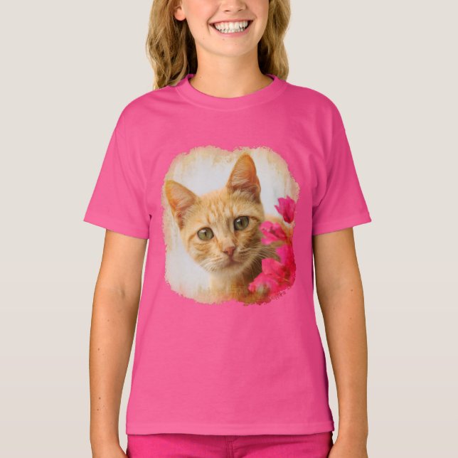 Cute Ginger Cat Kitten Watching You Photo - pink T-Shirt (Front)