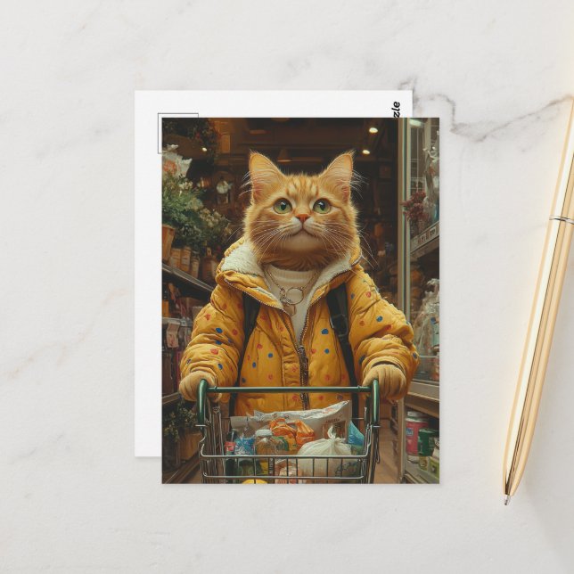 Cute Ginger Cat Shopping For Groceries Postcard (Front/Back In Situ)