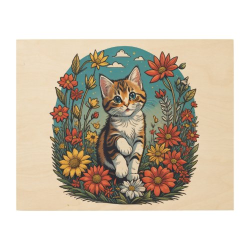 Cute ginger cat sitting on a flower background wood wall art