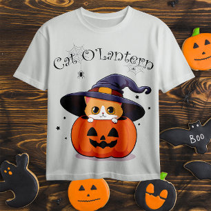 Cute Ginger Cat Witch in Halloween Jack-O-Lantern T-Shirt
